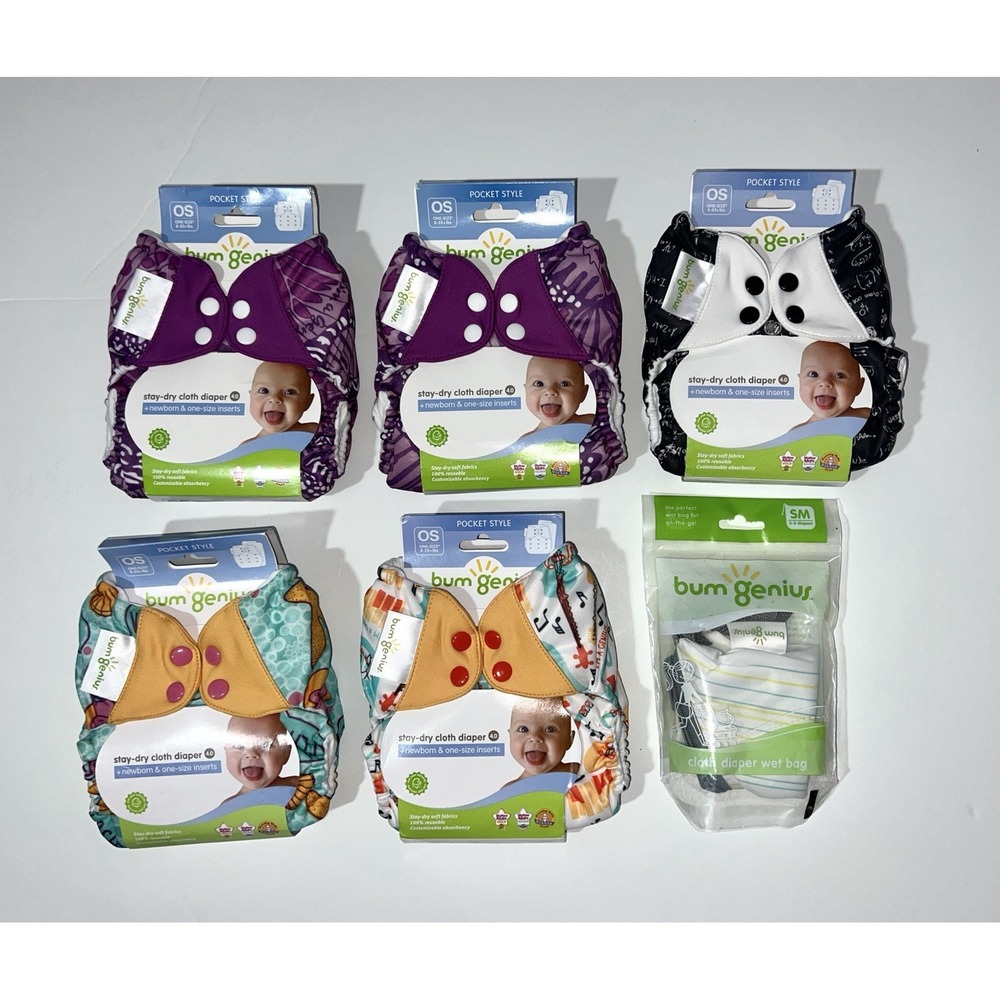 NIP Lot Of 5 Cloth Diapers Plus Diaper Bag Bumgenius Pockets 4.0 One Size